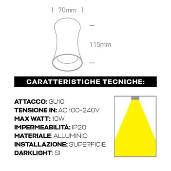 Ceiling Spotlight with GU10 Connection IP20 Cylinder Series 115mm D70mm Spotlight Colour White