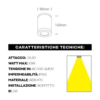 Ceiling Spotlight with GU10 Connection IP65 CYLINDER Series 140mm D90mm Spotlight black Color