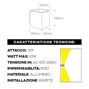 Applique da muro quadrata attacco G9 IP20 luce bidirezionale bianca