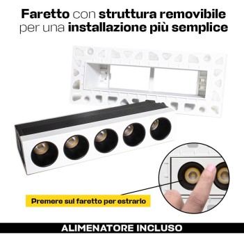 Faretto rettangolare da incasso stuccabile 10W 36D con 5 punti luce