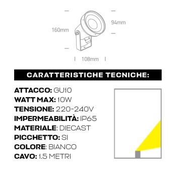 Faretto con picchetto da esterno attacco GU10 D94mm 220V IP65 - Bianco