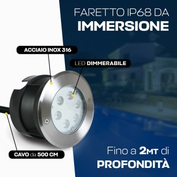 LED immersion spotlight 6W DC 24V D150mm for swimming pools and fountains - Recessed hole 140mm