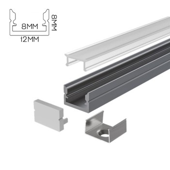1208 Slim Aluminium Profile for Led Strip - Titanium 2mt - Complete Kit