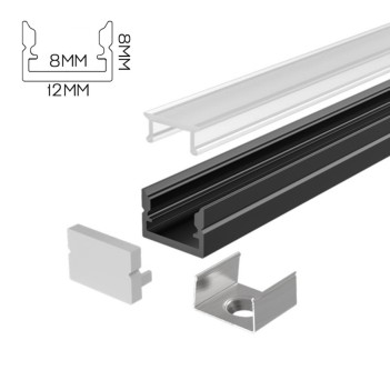 1208 Slim Aluminium Profile for Led Strip - Black 2mt - Complete Kit