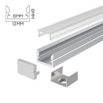 1208 Slim Aluminium Profile for Led Strip - Anodised 3mt - Complete Kit