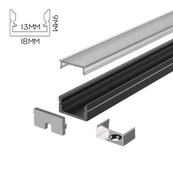 1809 Aluminium Profile for Led Strip - Black 2mt - Complete Kit