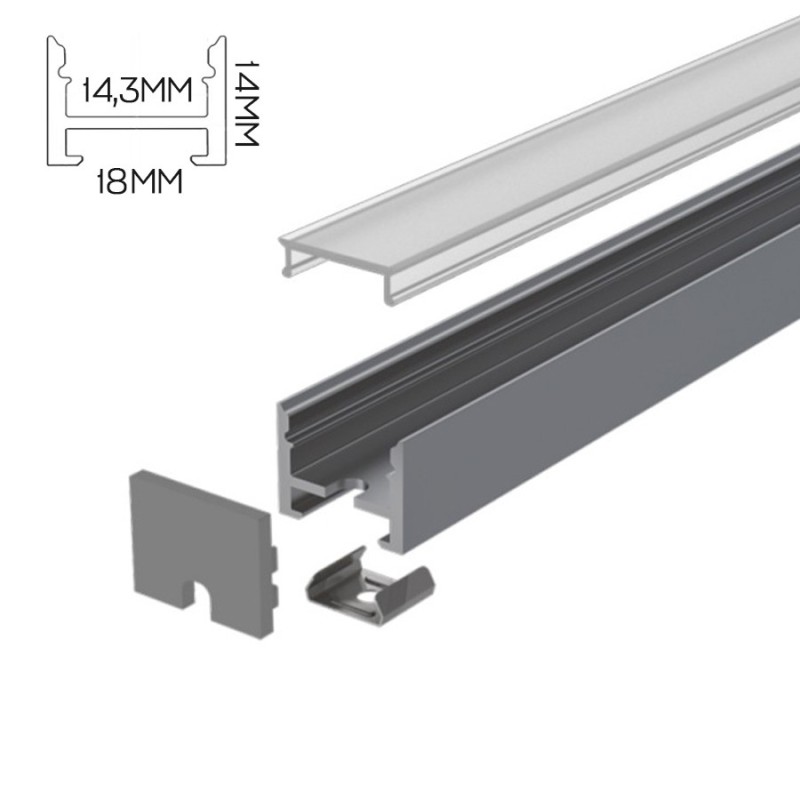 1814 Aluminium Profile for Led Strip with possibility of magnetic installation - Titanium 2mt - Complete Kit
