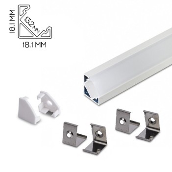 Profilo in Alluminio Angolare 007 per Striscia Led - Bianco 2mt - Kit Completo