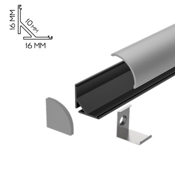 Angular Aluminum Profile 1616 for Led Strip - Black 2mt - Complete Kit en