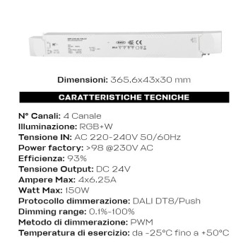 Alimentatore 150W 24V DT8 DALI2 4CH per Strisce Led RGBW -