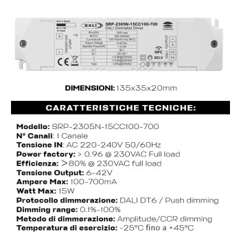 Power Supply 15W DC 100-700mA DALI2 NFC Link DALI and PUSH Dimming -