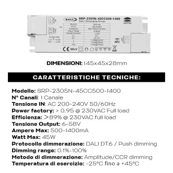 Alimentatore 45W CC 500-1400mA DALI2 Collegamento NFC DALI