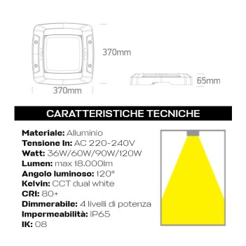 Plafoniera industriale CCT Dual White 120D con 4 livelli di