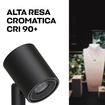 Minispot a stelo 2.2W 12V CRI90+ 50MM orientabile con asta regolabile per vetrine e teche - Nero