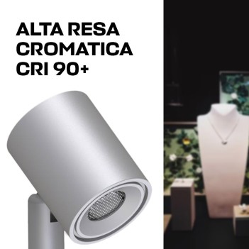 Minispot a stelo 2.2W 12V CRI90+ 50MM orientabile con asta regolabile per vetrine e teche - Argentato