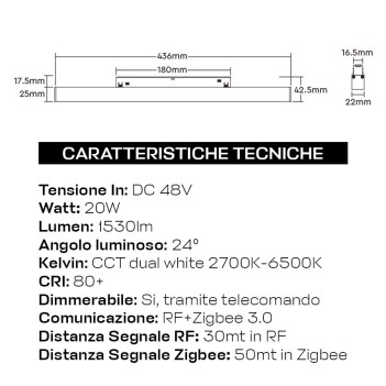 Lampada Led Grille 20W 1530lm Dual White CCT D24 436mm ZigBee + RF Smart Nero per Binario 48V MiBoxer - Serie MG2-20N-ZL