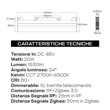 Lampada Led Grille Orientabile 20W 1530lm Dual White D24 440mm ZigBee + RF Smart Nero per Binario 48V MiBoxer - Serie MG2-20F-ZL