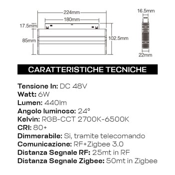 MI-Light Lampada per binario 48V 6W RGB+CCT Dual White RF+ZIGBEE 3.0 MG5-06F-ZL