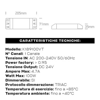 Alimentatore Triac 100W 24V Dimmerabile Taglio di Fase - Serie DIM-K1