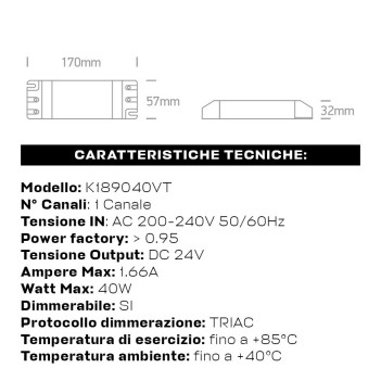 Alimentatore Triac 40W 24V Dimmerabile Taglio di Fase - Serie DIM-K1