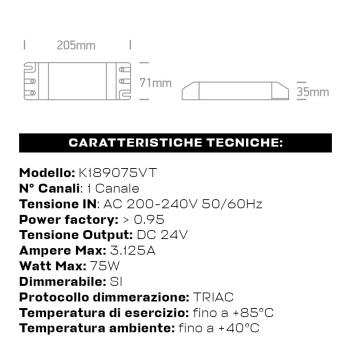 Triac 75W 24V Dimmable Phase Cutoff Power Supply - DIM-K1 Series