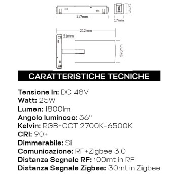 Faretto Led Spot Light 25W 1800lm RGB+CCT D36 ZigBee + RF Smart Nero per Binario 48V MiBoxer - Serie MS5-25B-ZR