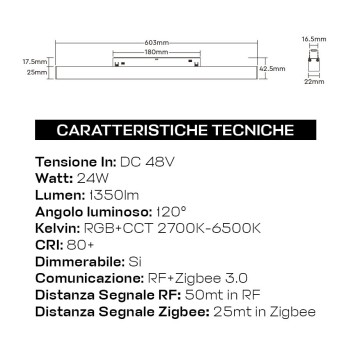 Lampada Led Linear Light 24W 1380lm RGB+CCT 600mm ZigBee + RF Smart Nero per Binario 48V MiBoxer