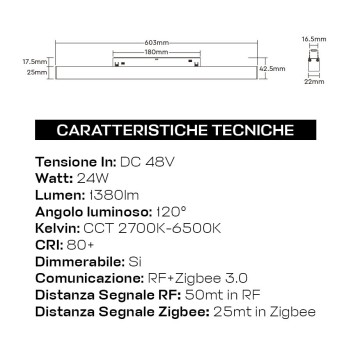 Lampada Led 24W 1380lm DualWhite CCT 600mm ZigBee + RF Smart Nero per Binario 48V MiBoxer - Serie MF2-24A-ZR
