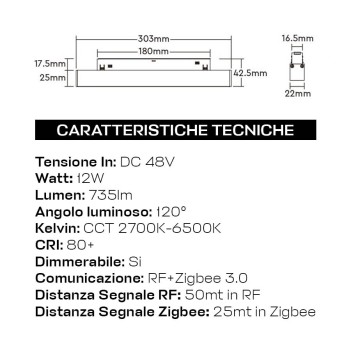 12W 735lm DualWhite Led Lamp CCT 300mm ZigBee + RF Smart Black for 48V MiBoxer Track - MF2-12A-ZR Series