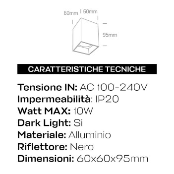 Faretto da Soffitto con Attacco GU10 IP20 Serie SQUARE 95mm bianco