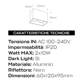 Faretto da Soffitto con Attacco GU10 IP20 Serie SQUARE 95mm bianco