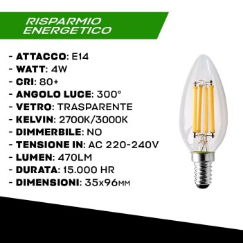 Lampadina Led Oliva C35 Attacco E14 4W 470lm Filamento Vetro