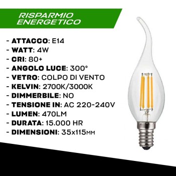 Lampadina Led Colpo di Vento attacco E14 4W 470lm Filamento Vetro