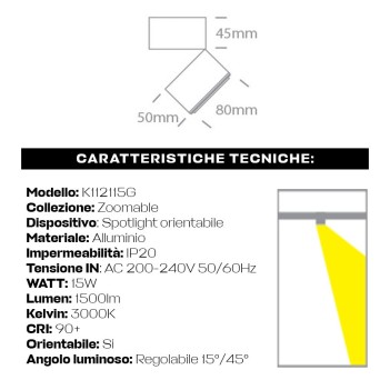 Ceiling Spotlight 15W 1500lm Adjustable Light Angle 15D-45D ZOOMABLE SERIES Colour Black