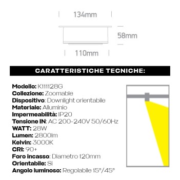 ZOOMABLE SERIES 28W 2800lm Recessed Spotlight Adjustable Light Angle 15D-45D with 120mm Hole Colour White