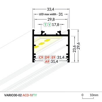 Profilo in Alluminio VARIO30-02 per Striscia Led - Anodizzato 2mt - Kit Completo