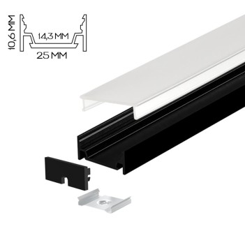 Black flat aluminium profile for LED strips with 2 m accessories