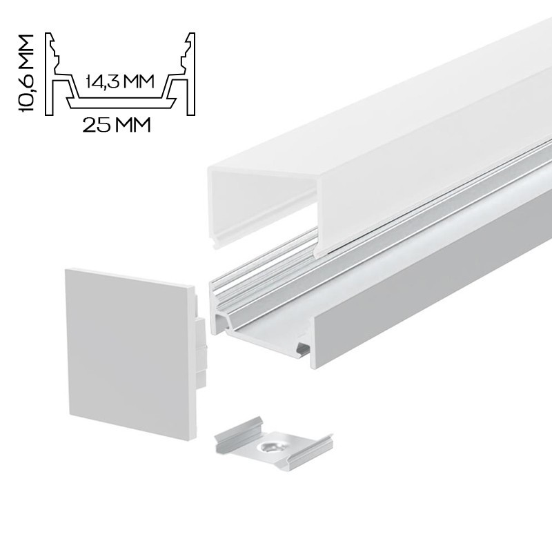 2510-Q Aluminium Profile for Led Strip - Anodised 2mt - Complete Kit