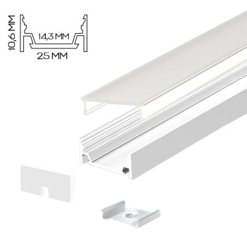 Profilo in Alluminio 2510-Q per Striscia Led - Bianco 2mt - Kit Completo