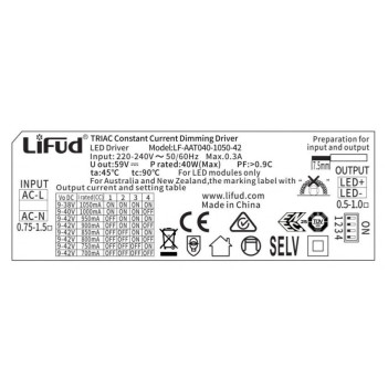 Alimentatore Led 36W Corrente Costante 900mA Range Tensione 27-40V dimmerabile TRIAC LiFud LF-AAT040-1050-42