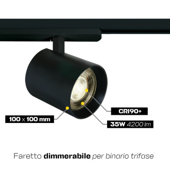 Faretto Led Trifase nero 35W dimmerabile 4200lm CRI90 38D Serie PRO