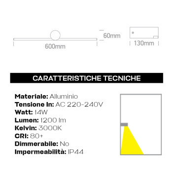 Lampada da Parete 14W 1200lm 230V IP44 - Serie Light Mirror 60cm Nero