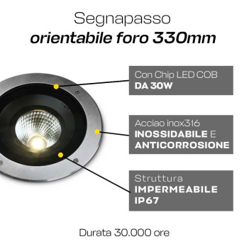 Segnapasso da Incasso Calpestabile 30W 2000lm 230V Triac INOX316 IP67 - Rotondo Foro 330mm