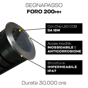 Faretto Led Calpestabile TILTA 12x1,5W 1250lm 36D IP67 230V Silver Inclinabile Inox316 Dark-Light Foro 200x270mm