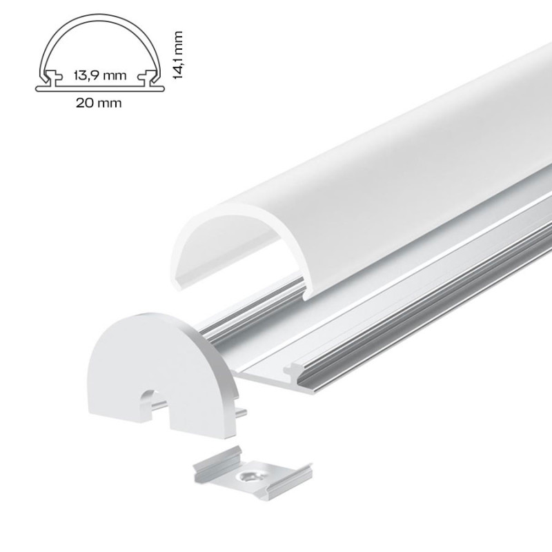 Aluminium Folding Profile 2203-C for Led Strip - Anodised 2mt - Complete Kit with Domed Cover