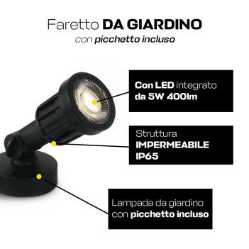 Faretto da Giardino con Picchetto 5W 400lm 230V IP65 Nero - Garden Spot