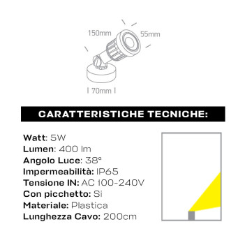 Faretto da Giardino con Picchetto 5W 400lm 230V IP65 Nero - Garden Spot