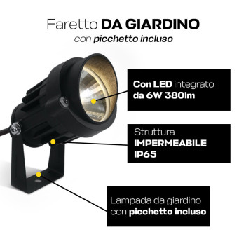 Faretto da Giardino con Picchetto 6W 380lm 230V IP65 Nero - Garden Spot