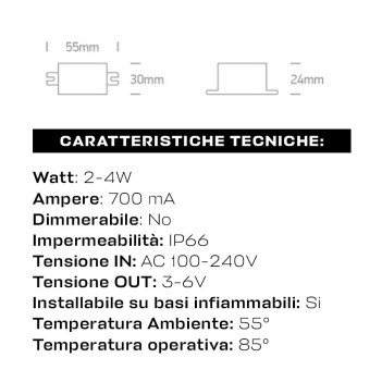 Alimentatore Led 2-4W Corrente Costante 700mA Range Tensione 3-6V IP66