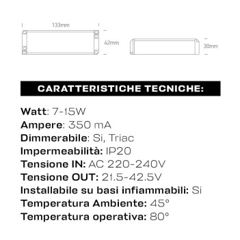 Led Power Supply 7.5-15W Constant Current 350mA Voltage Range 21.5-42.5V IP20 Dimmable Triac